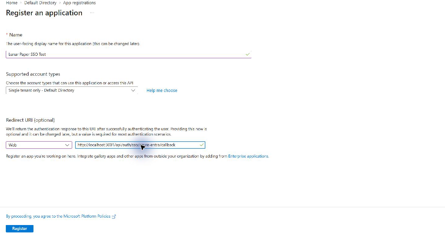 A privacy-safe Entra app-registration form with a Web callback URI