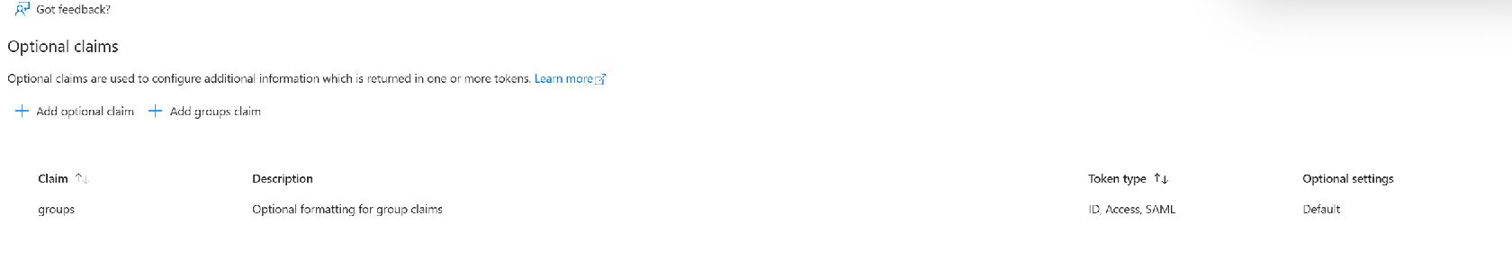 The Entra token configuration showing the groups claim without account details
