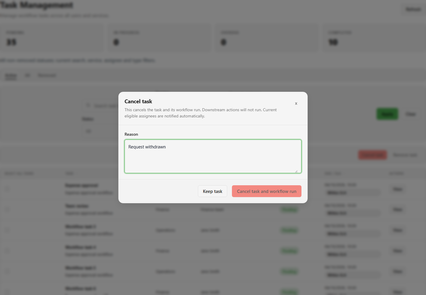 The cancellation dialog requiring a reason before Cancel task and workflow run, with Keep task beside it