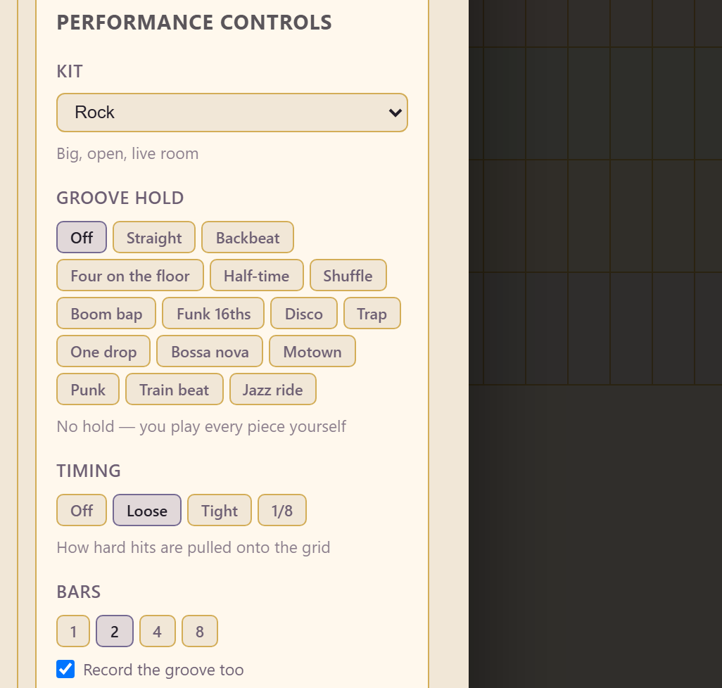 The performance controls: kit, groove hold, timing, and bars