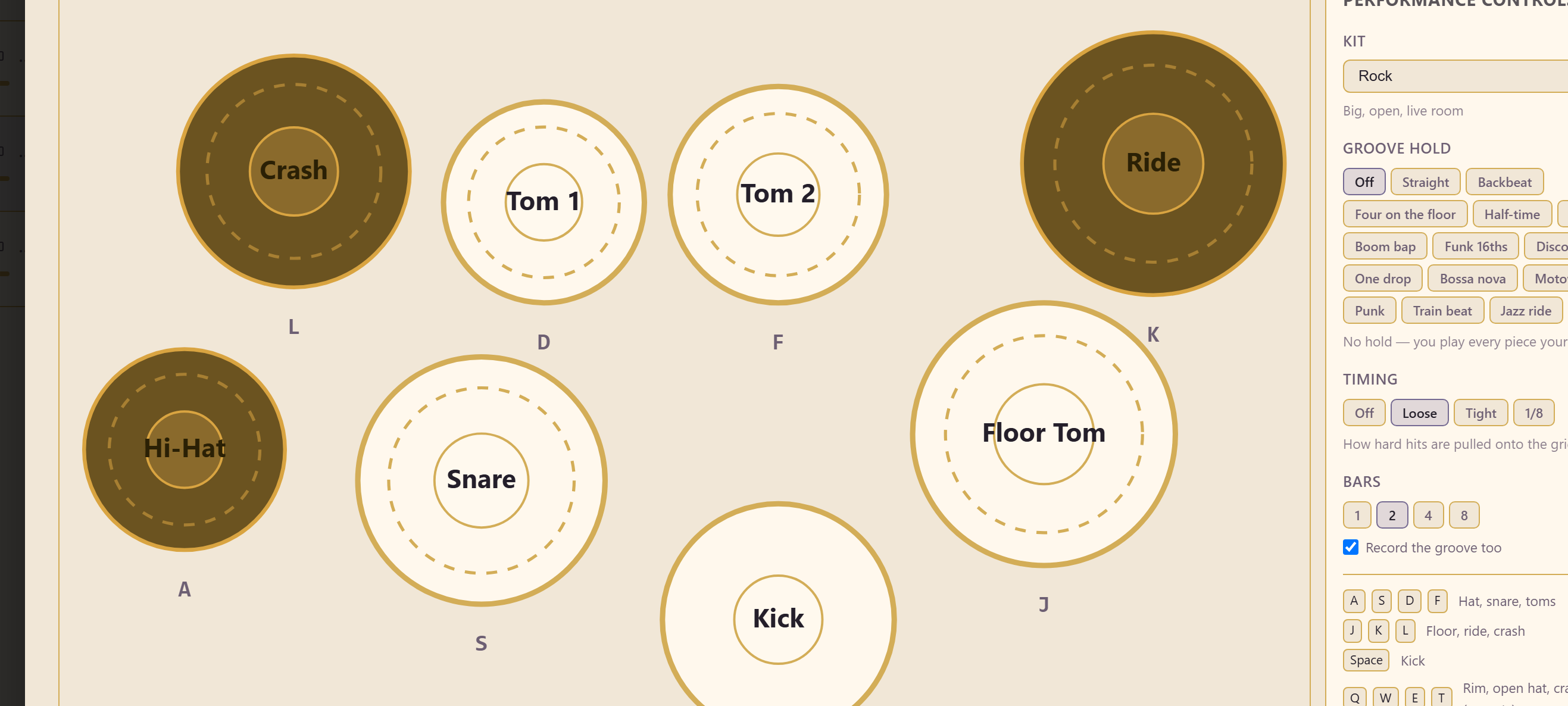The drum heads, each with a dashed ring marking the centre and the outer edge
