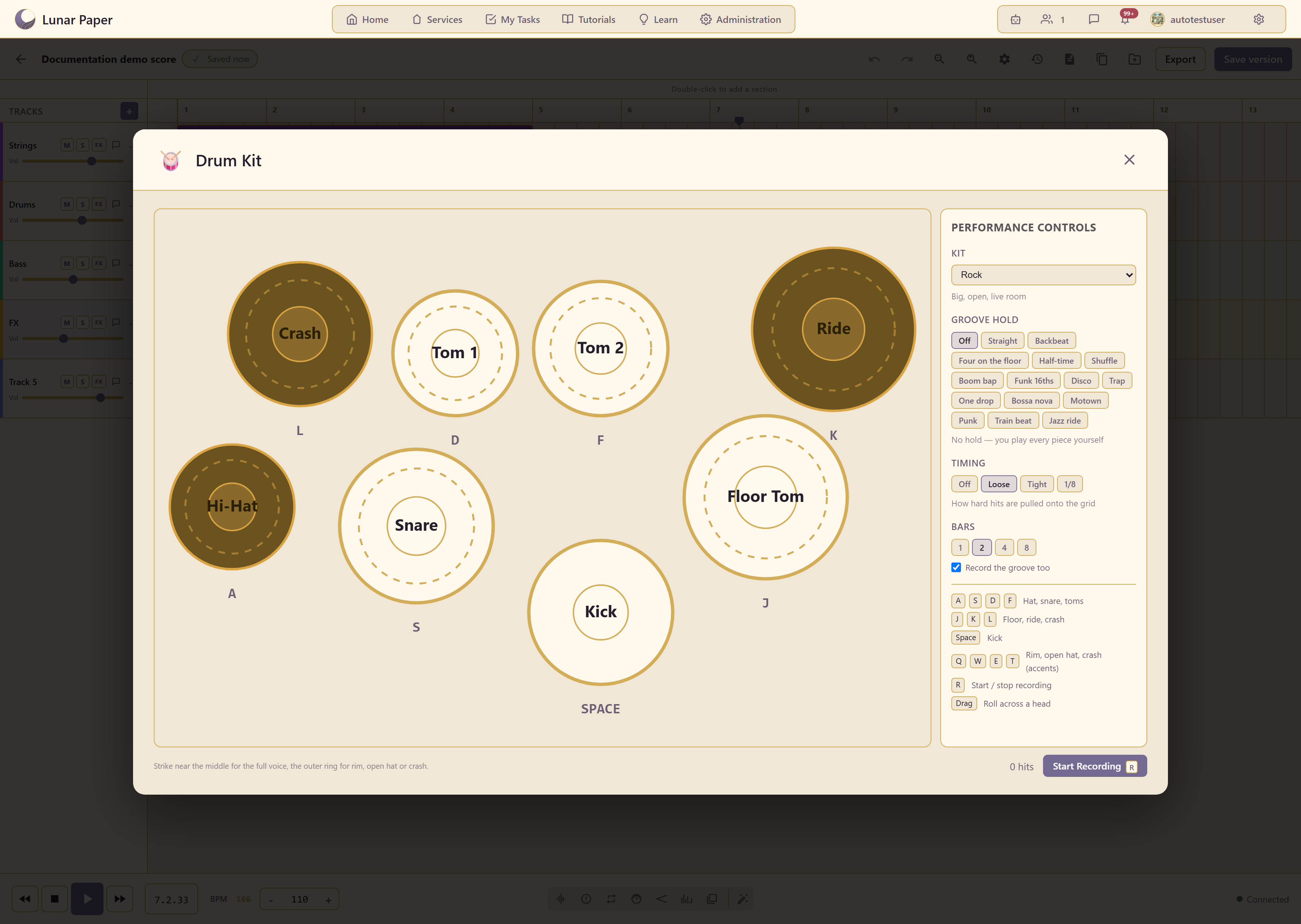 The eight drum pieces with their keys, and the performance controls beside them
