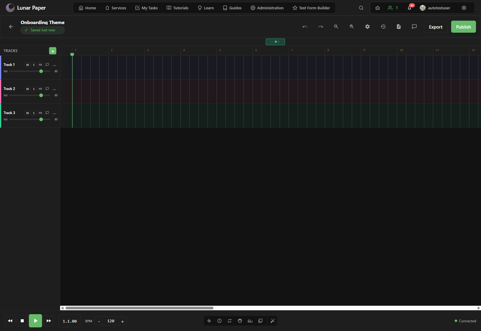 The Audio Studio editor with tracks, timeline, and transport controls