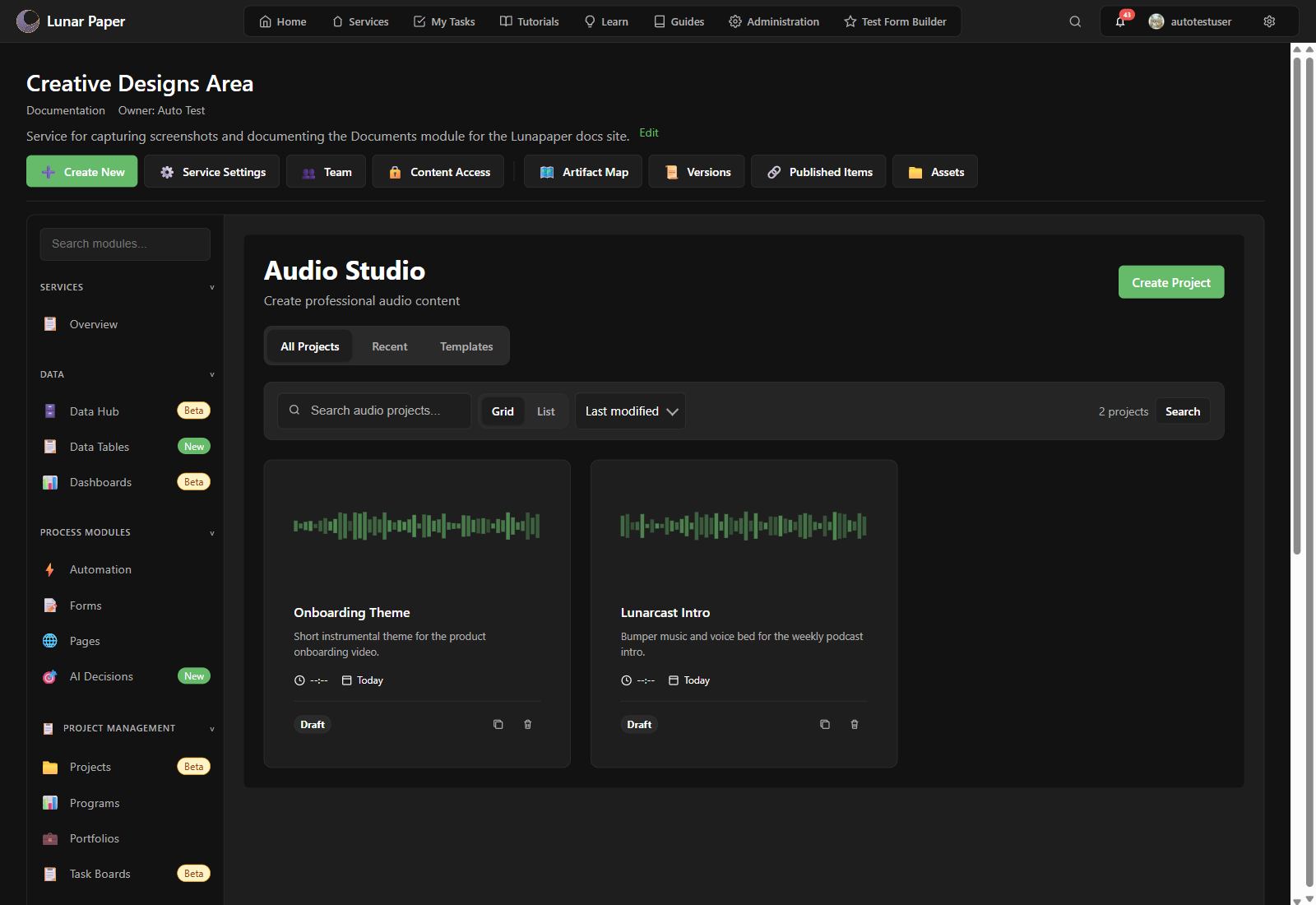 The Audio Creator module inside a service, showing the project library