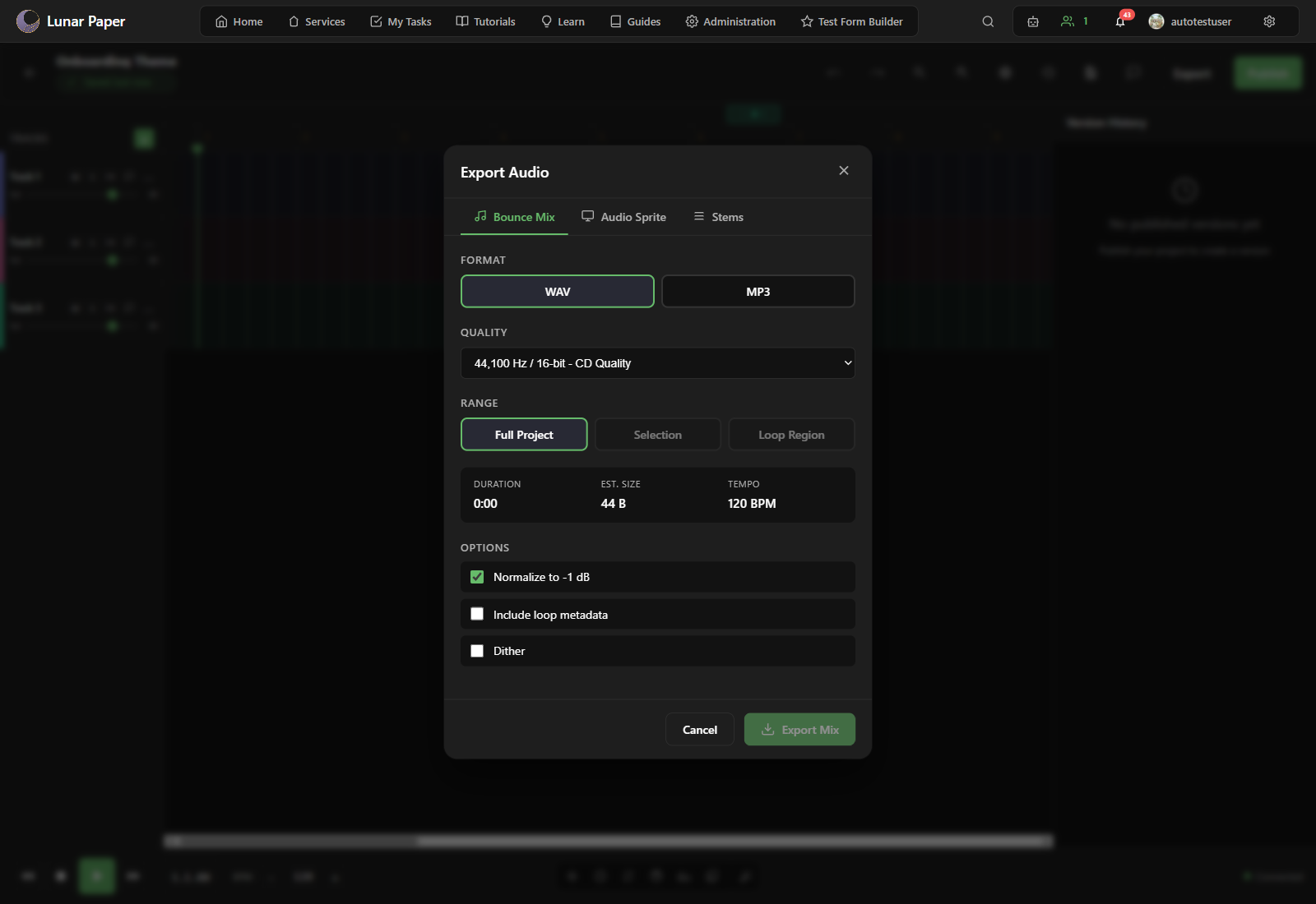 Export dialog with format and quality options