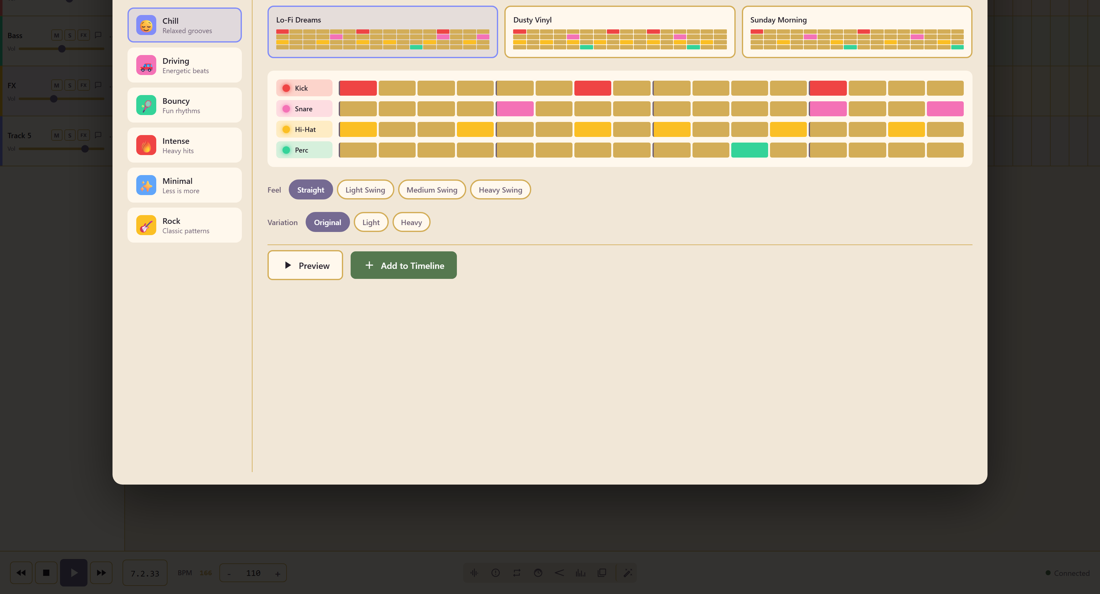 Beat Patterns with its styles, pattern list, and grid