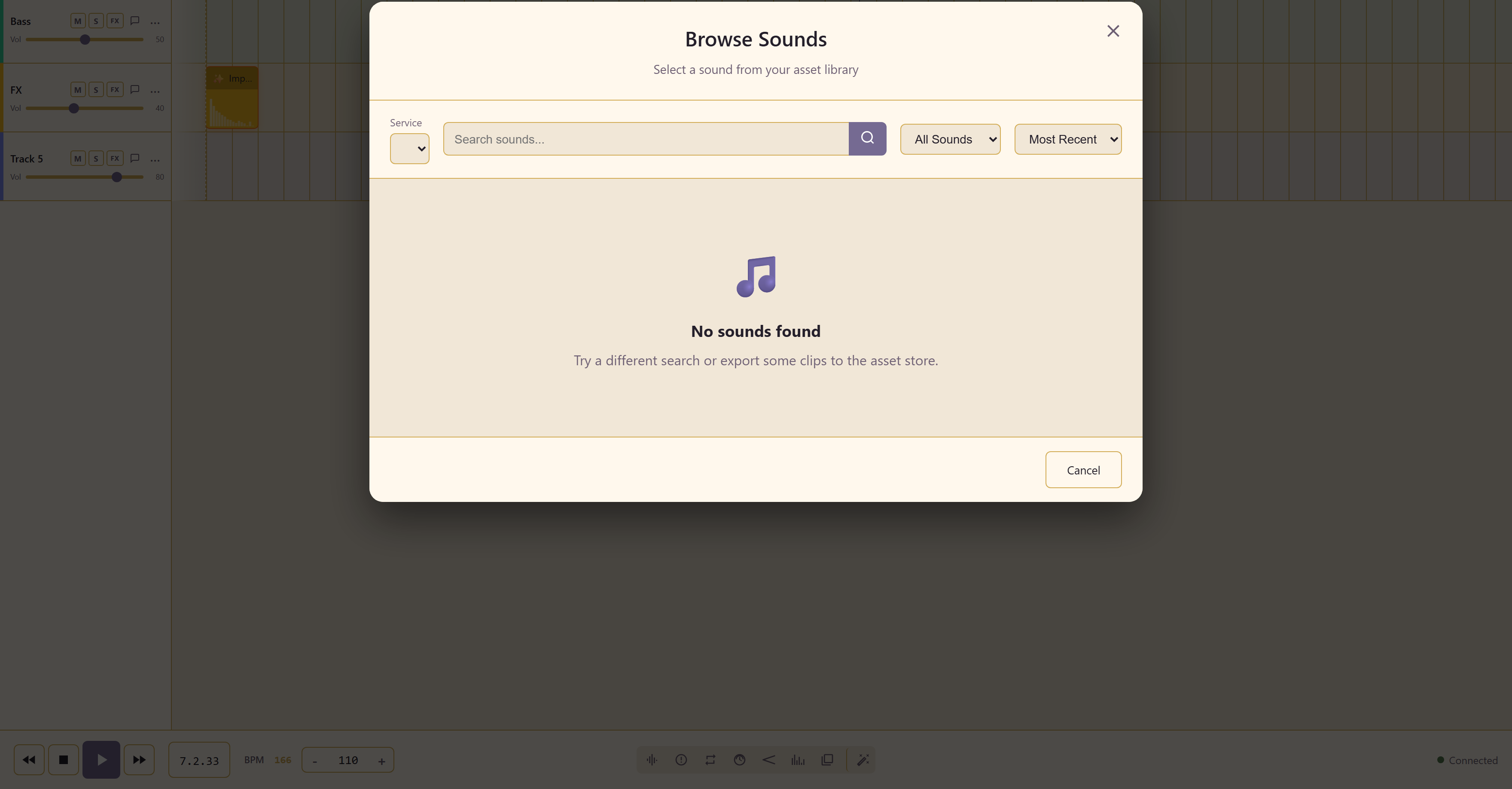 Browse Sounds showing the asset library picker