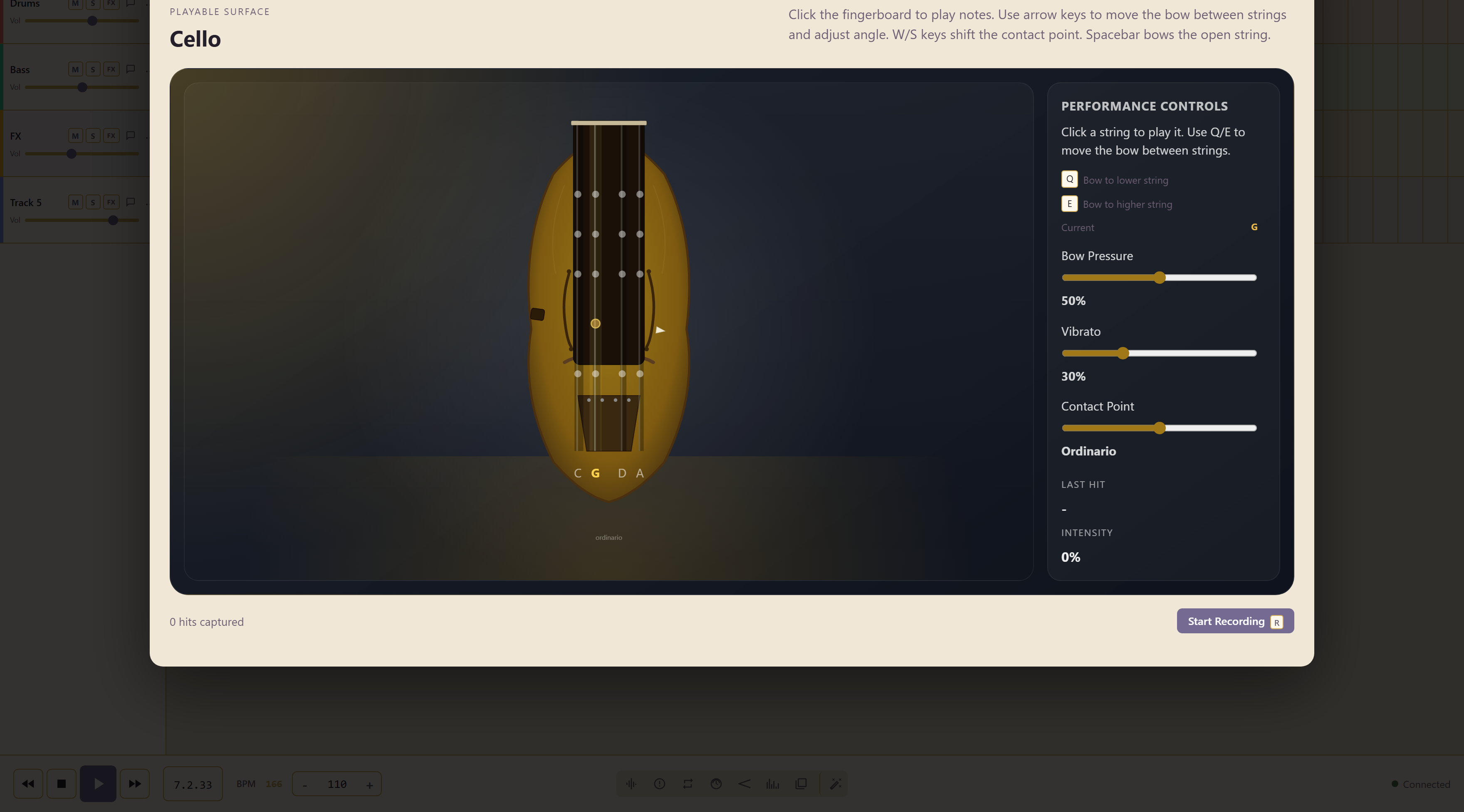 The cello fingerboard with bow pressure, vibrato, and contact point