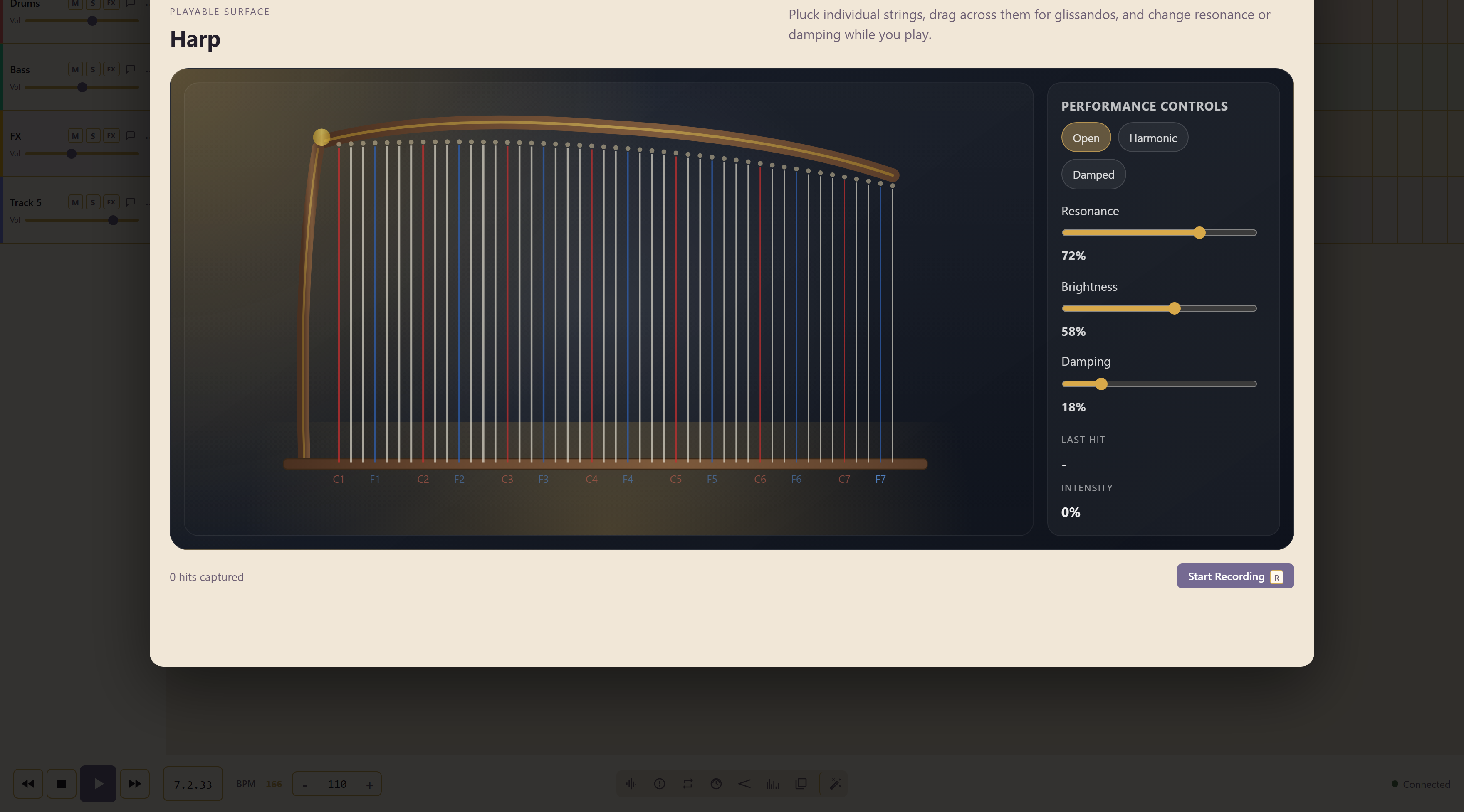The harp with its string surface and performance controls