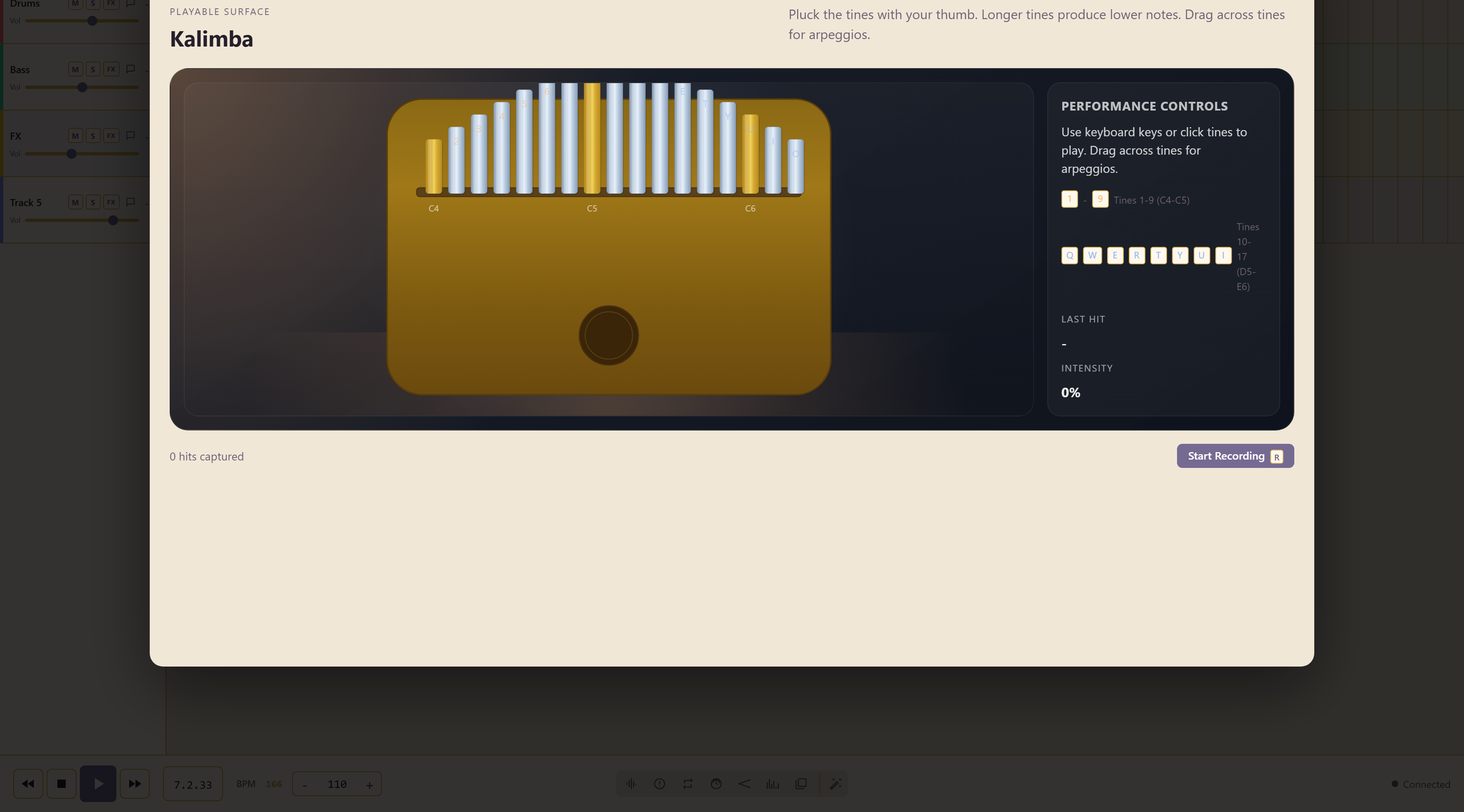 The kalimba tines with their number and letter keys