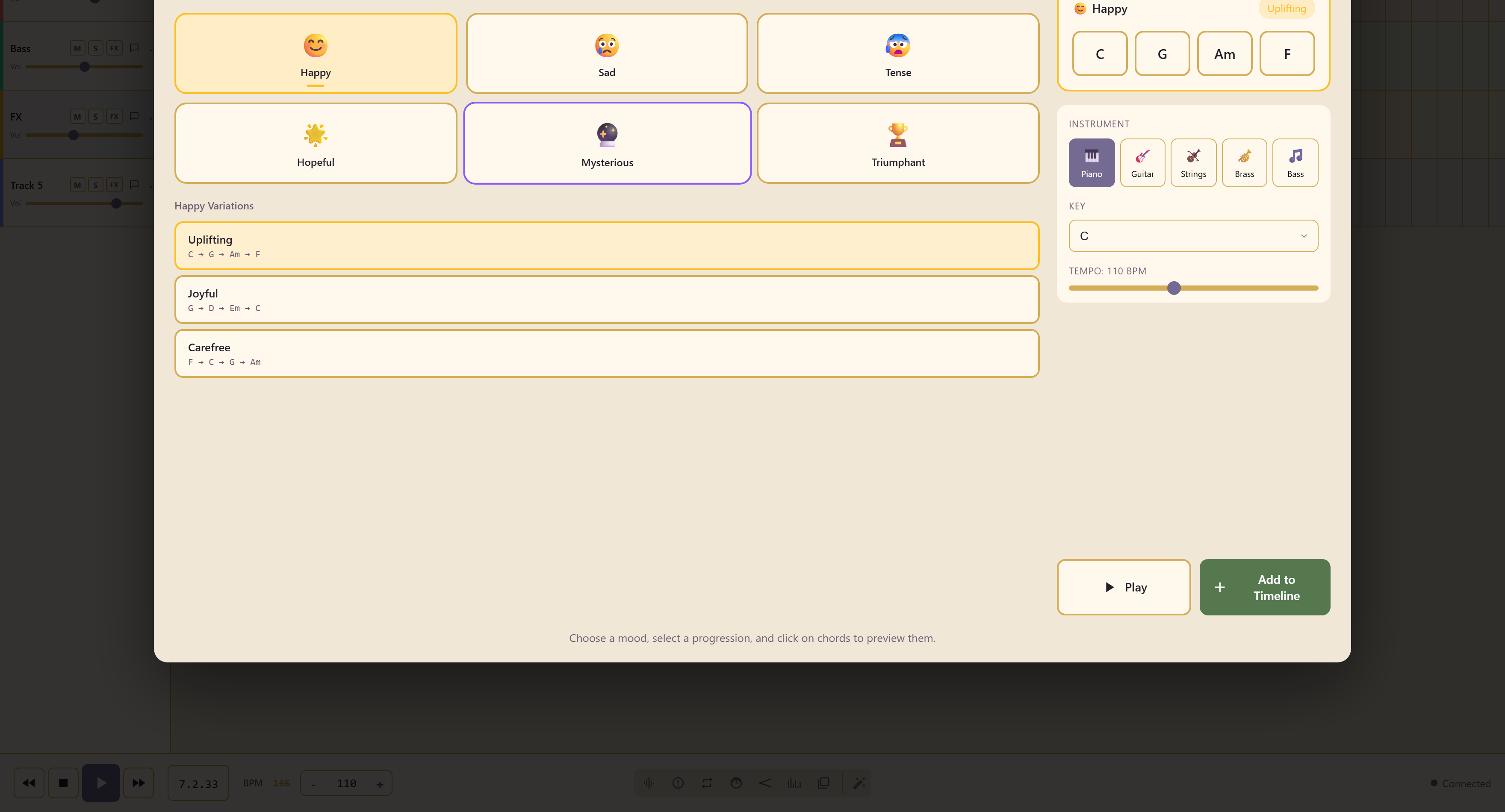 Mood Chords with its moods, progressions, instrument, and key