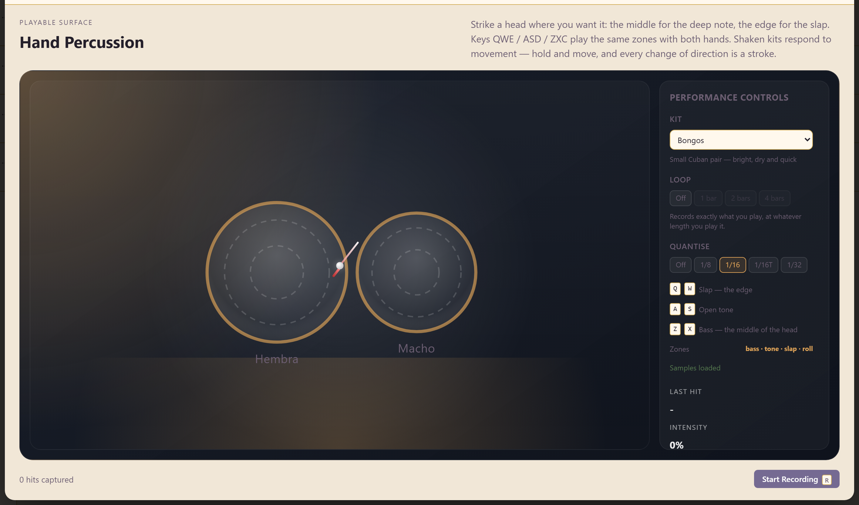 The Hand Percussion surface showing two drum heads and the kit selector
