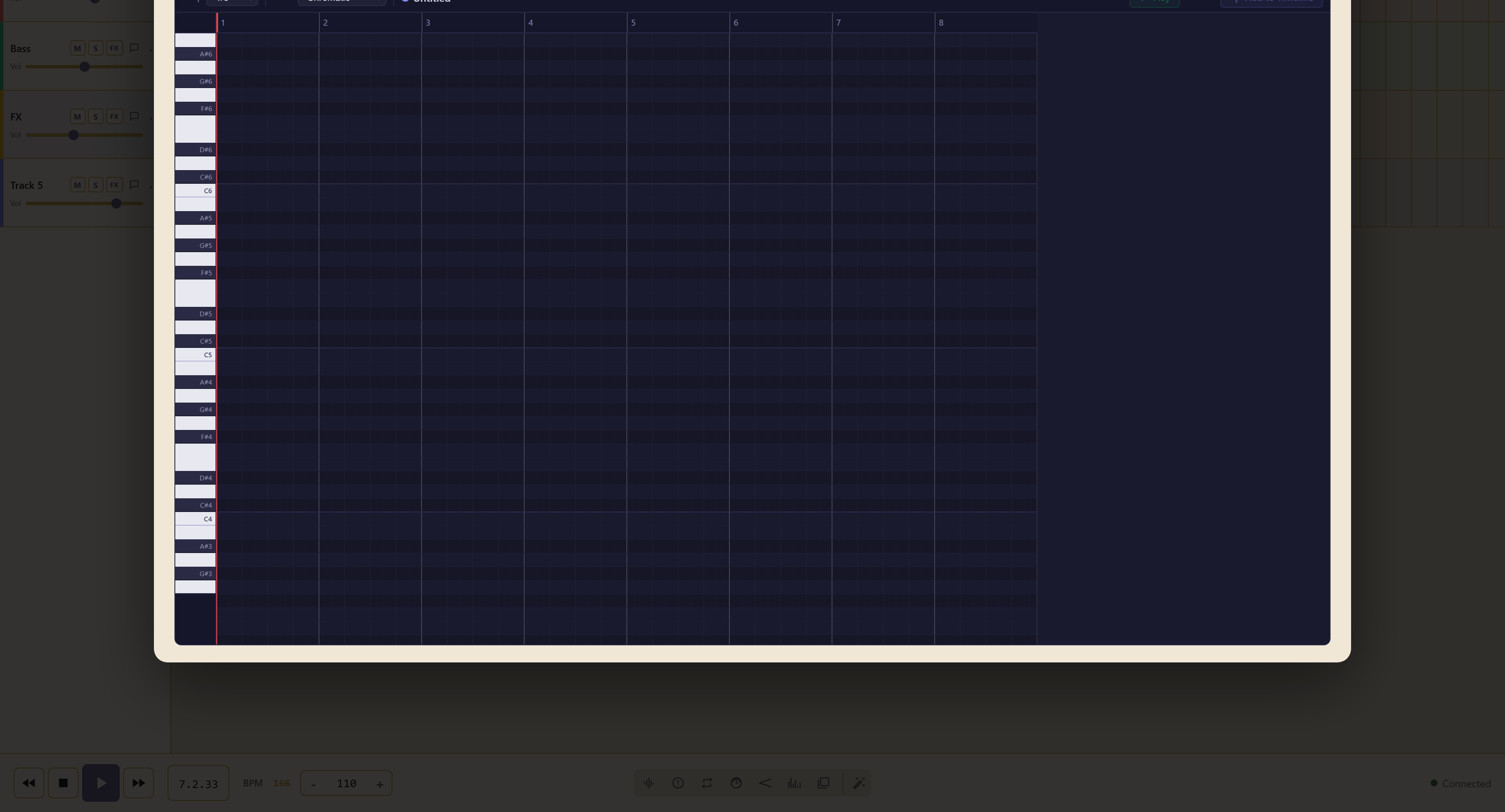 The piano roll grid with its keyboard, snap, and scale controls