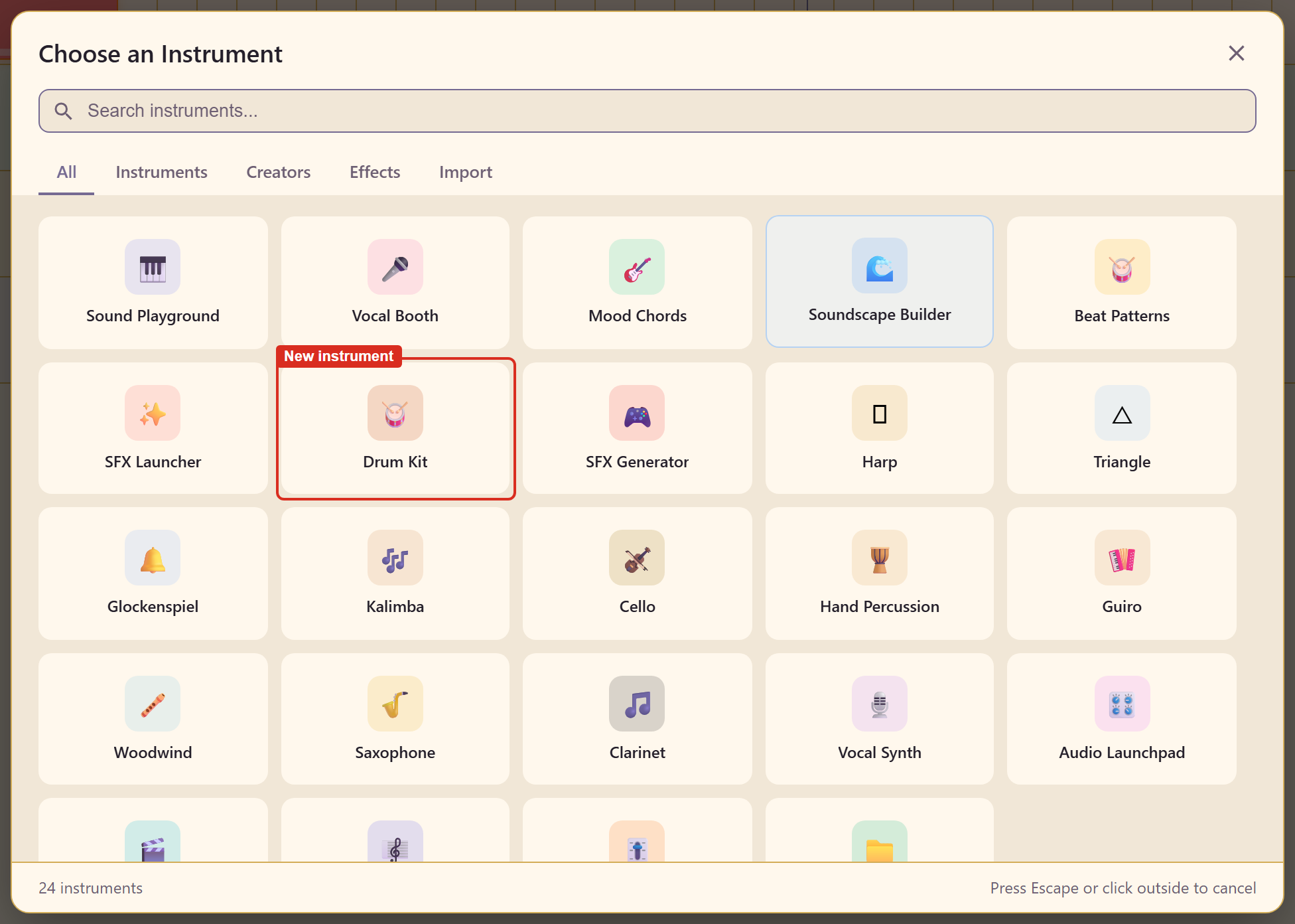 The instrument picker with the Drum Kit among 24 instruments