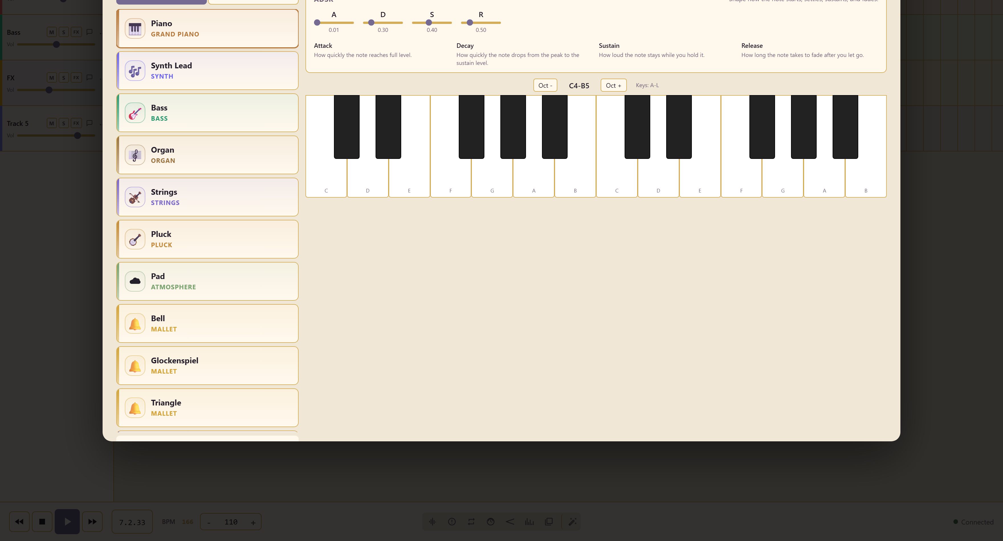 The Sampler preset list, grouped by instrument family