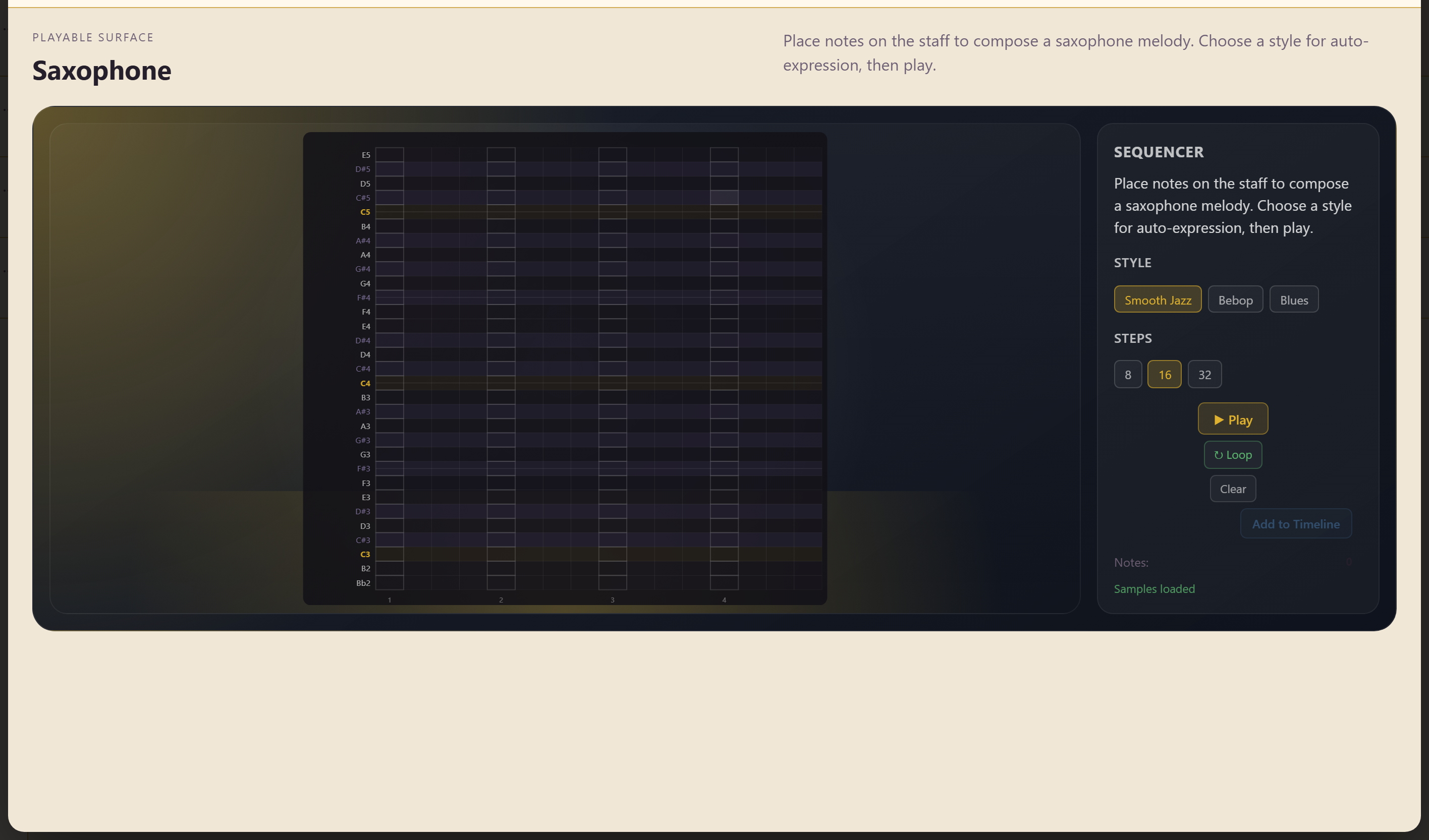 The Saxophone sequencer with its staff, style selector, and step controls