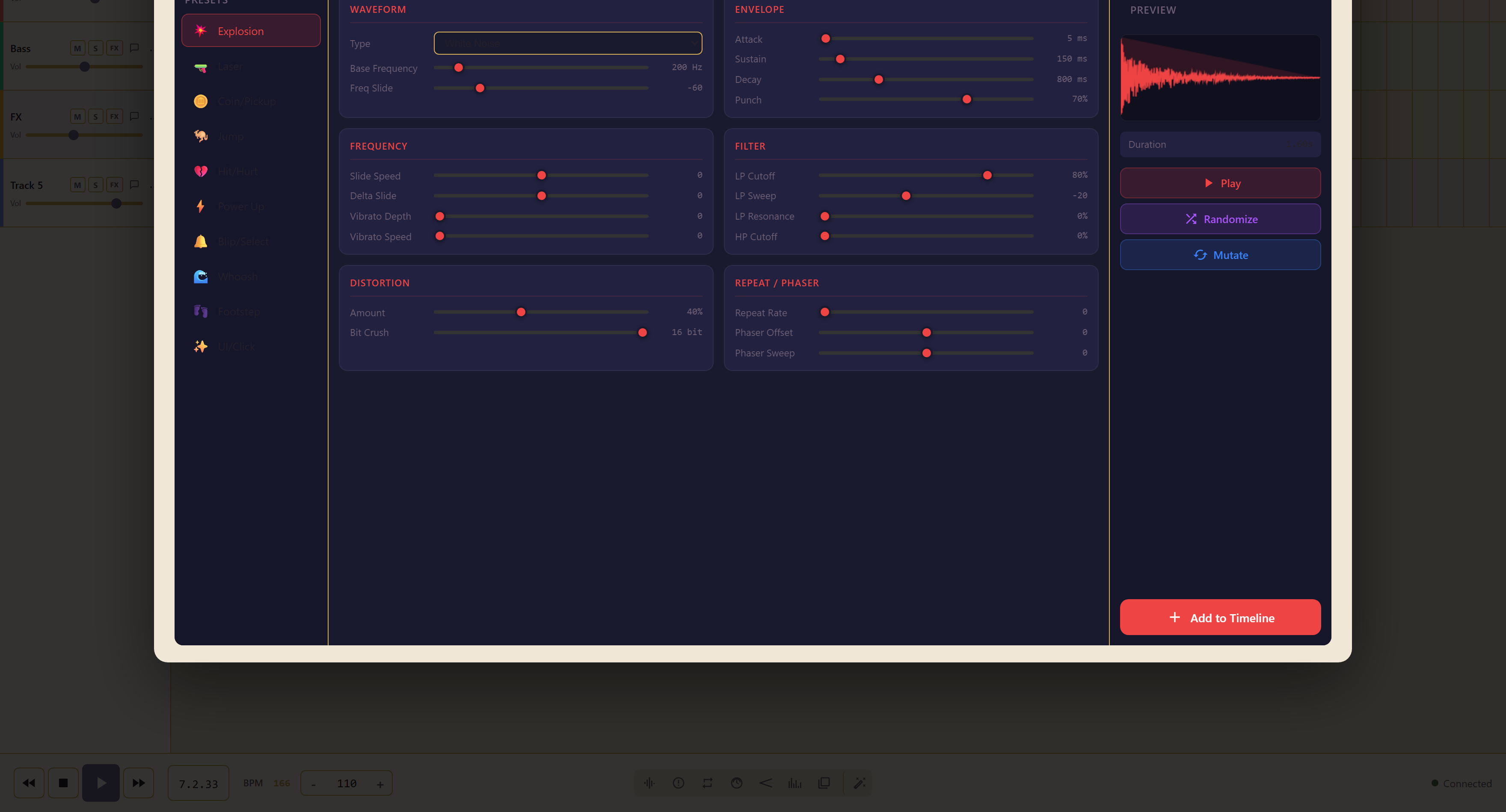 The SFX Generator with waveform, envelope, filter, and distortion sections