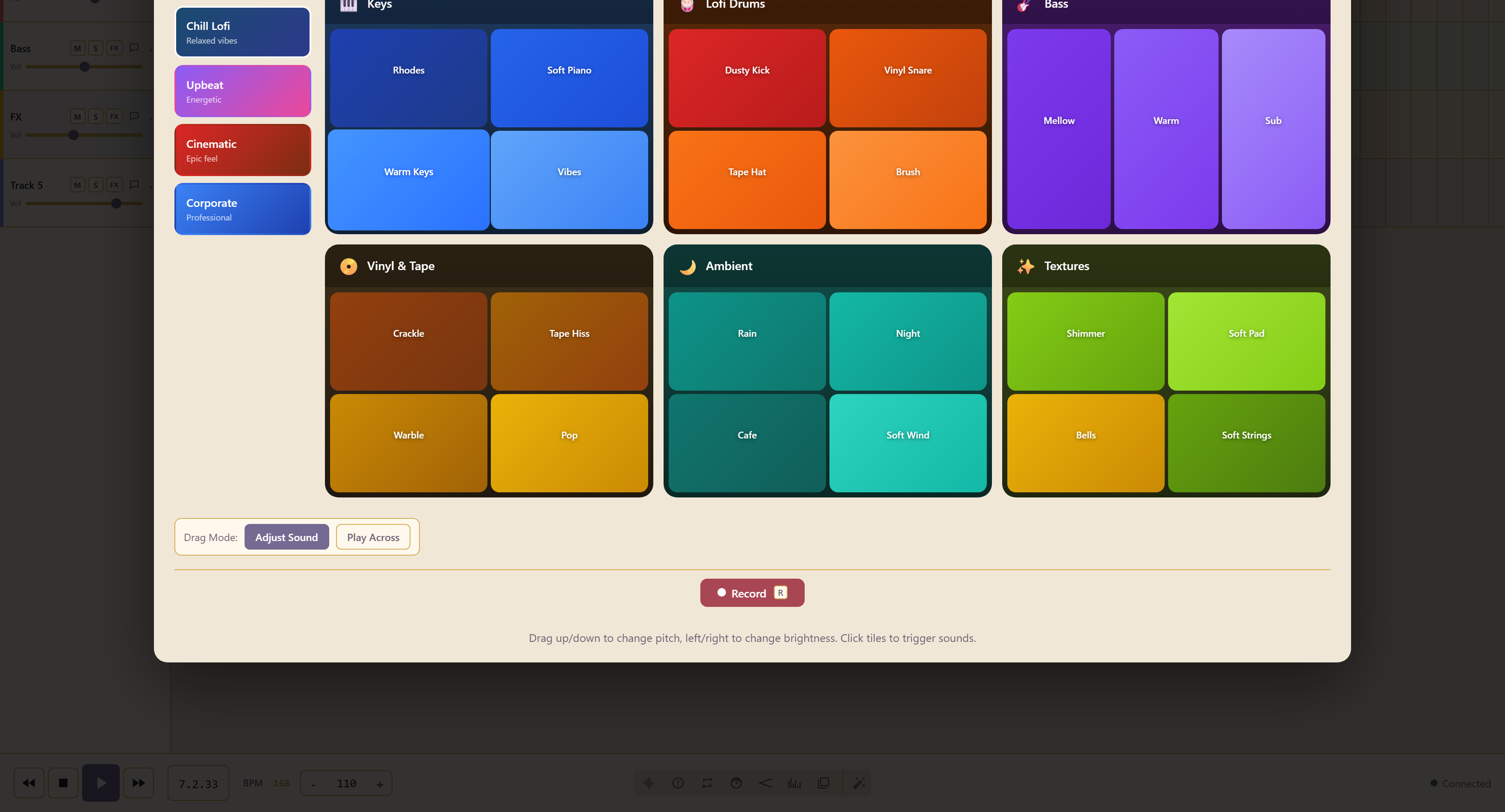 Sound Playground with its style selector and sound tiles