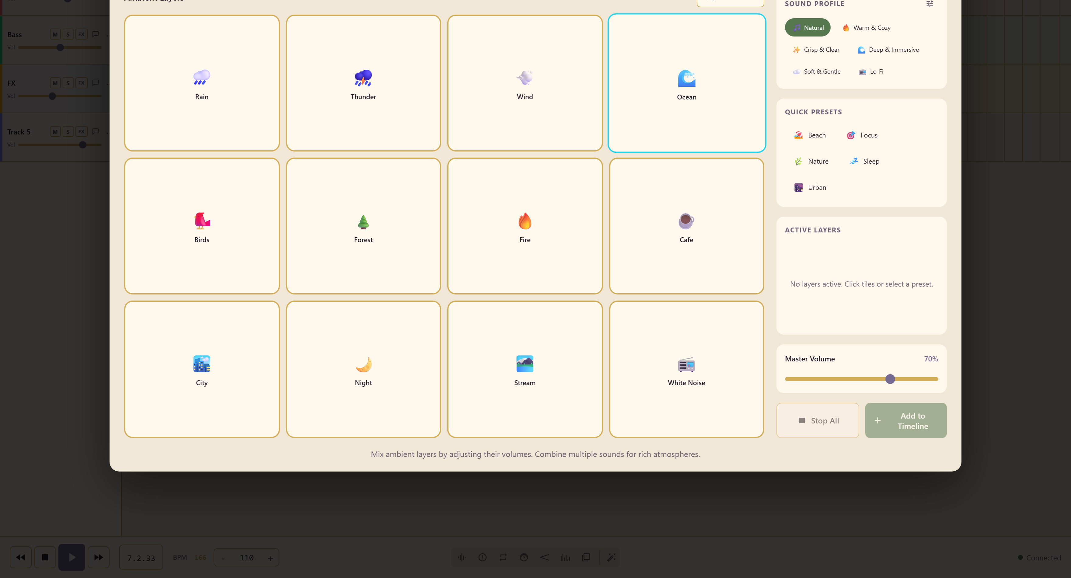 Soundscape Builder with its ambient layers, sound profile, and presets