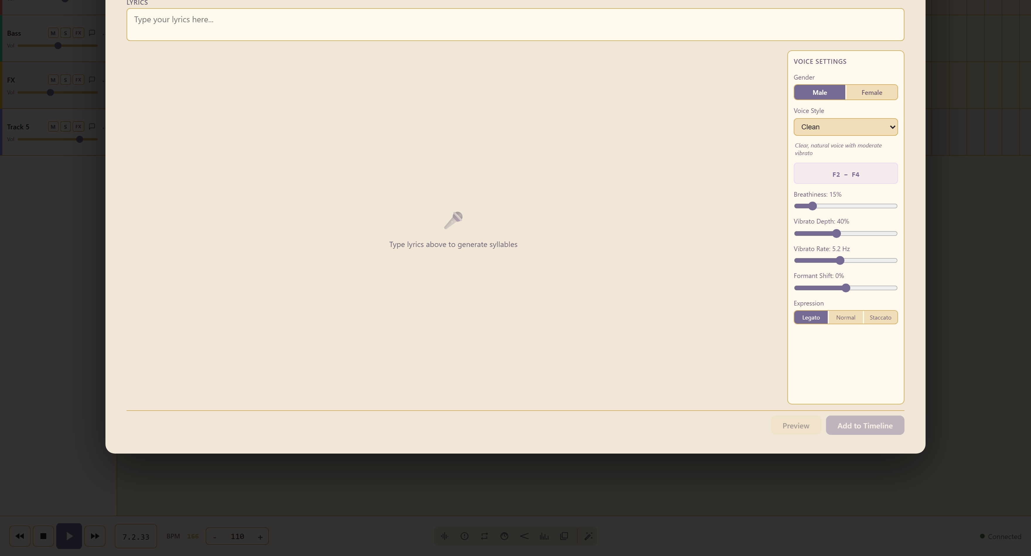 The Vocal Synth with its lyrics field and voice settings