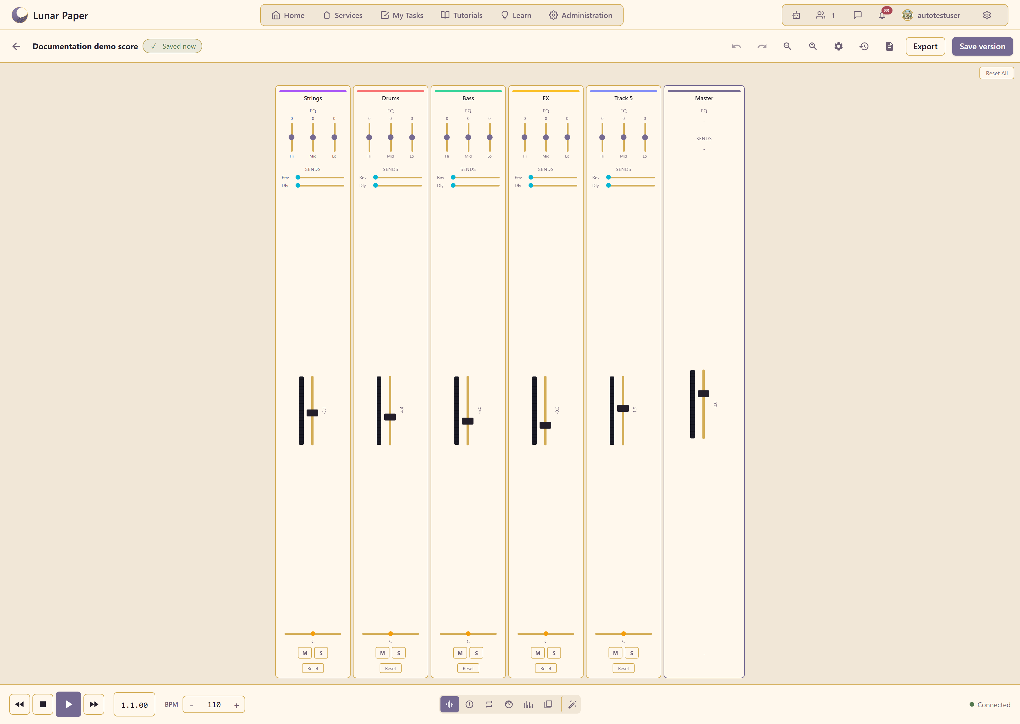 The Mixer showing a channel strip per track, with EQ, sends, fader, pan, and a master strip