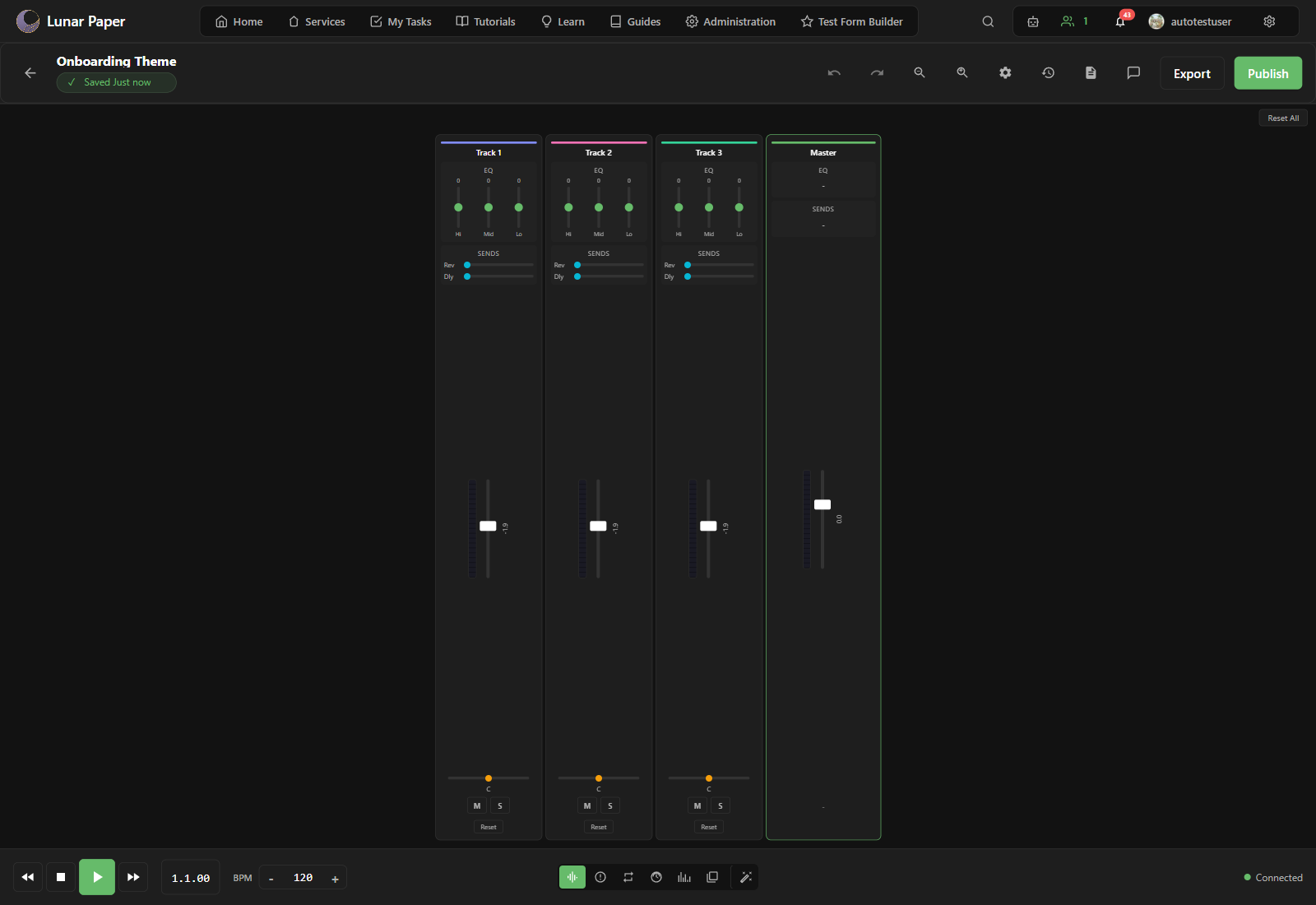 Mixer panel showing track levels