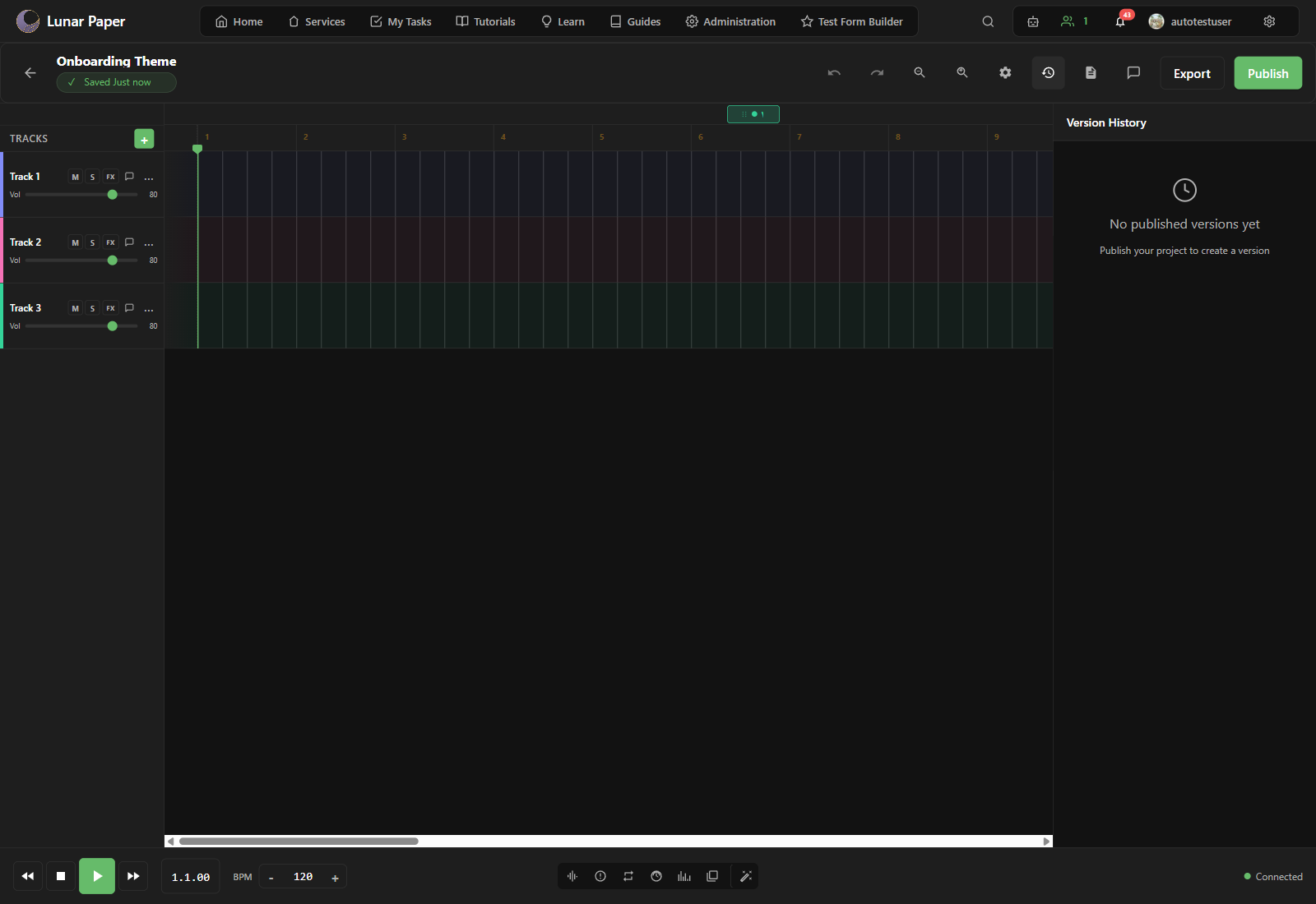 Version History panel with version list and notes