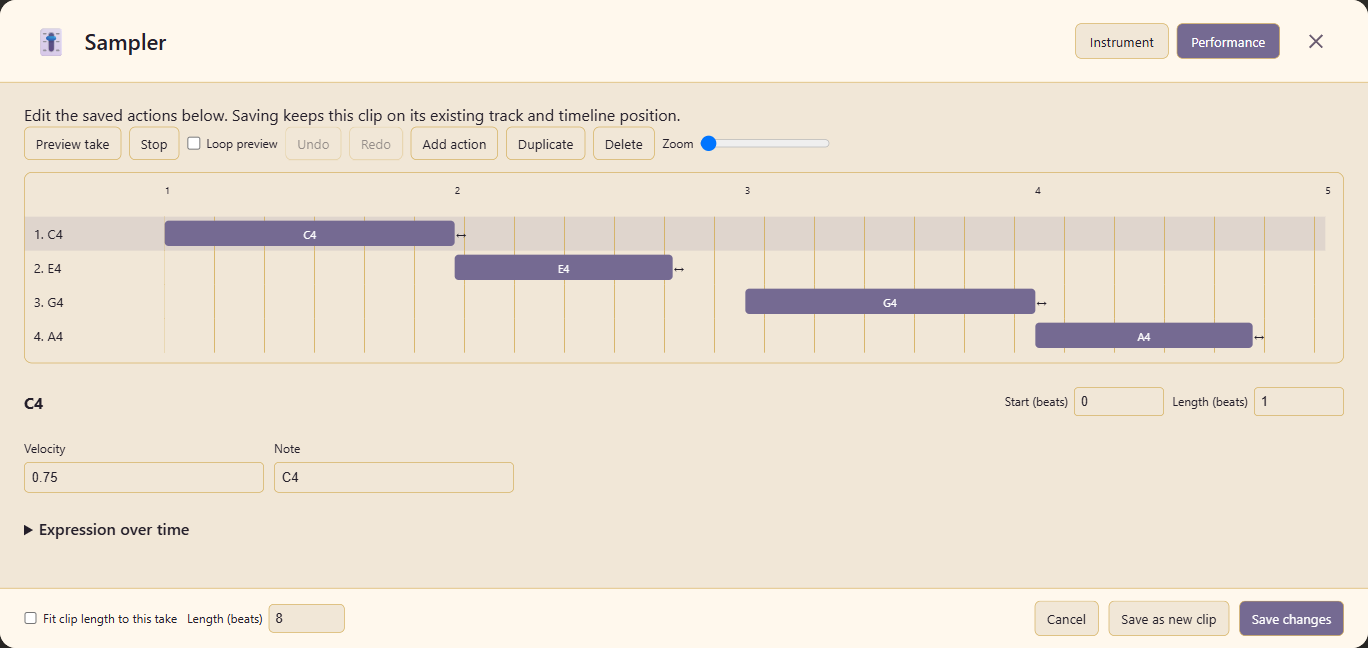 The Performance editor showing a four-note sampler take, timing and velocity fields, and the save controls