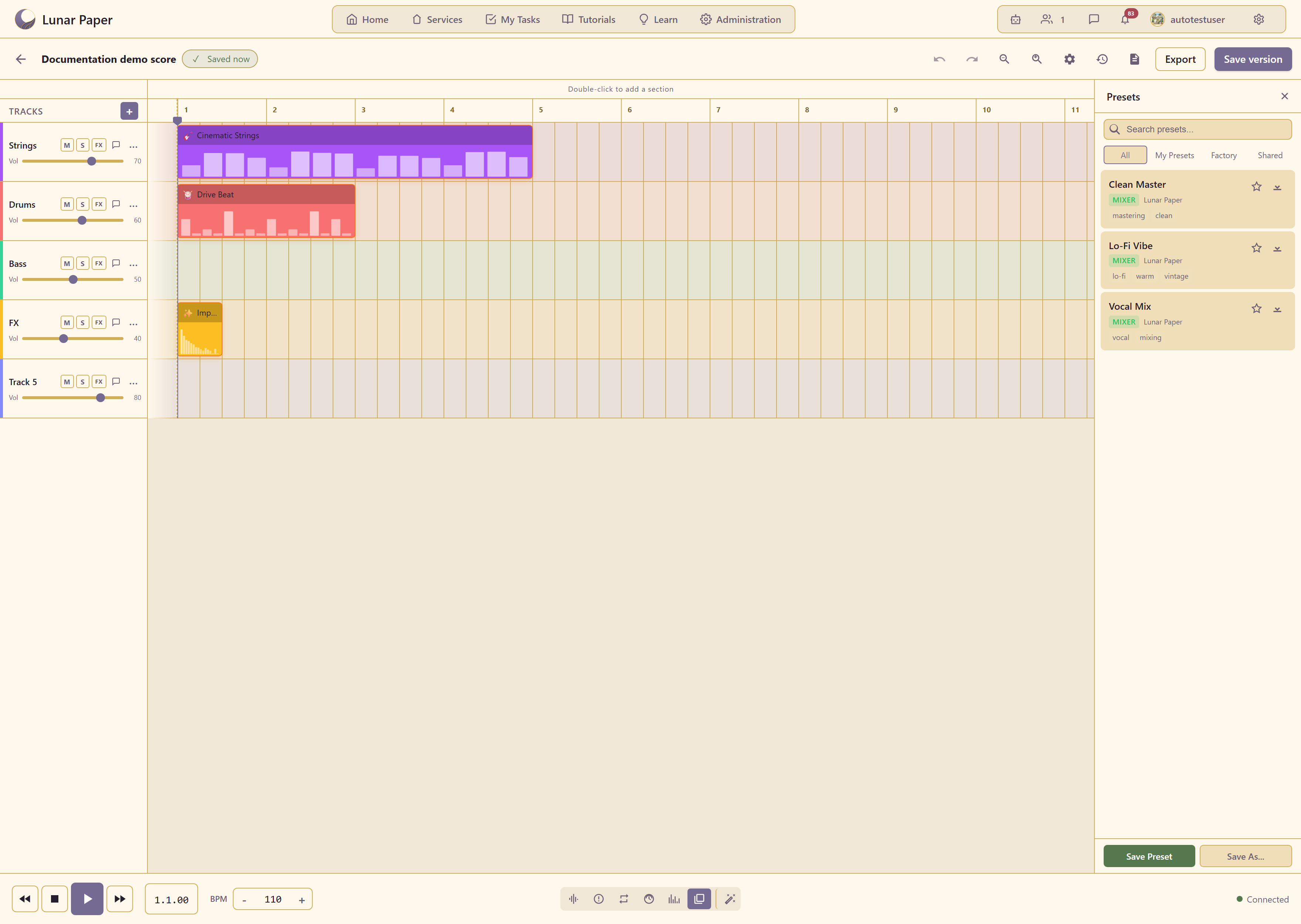 The Presets panel with My Presets, Factory, and Shared tabs