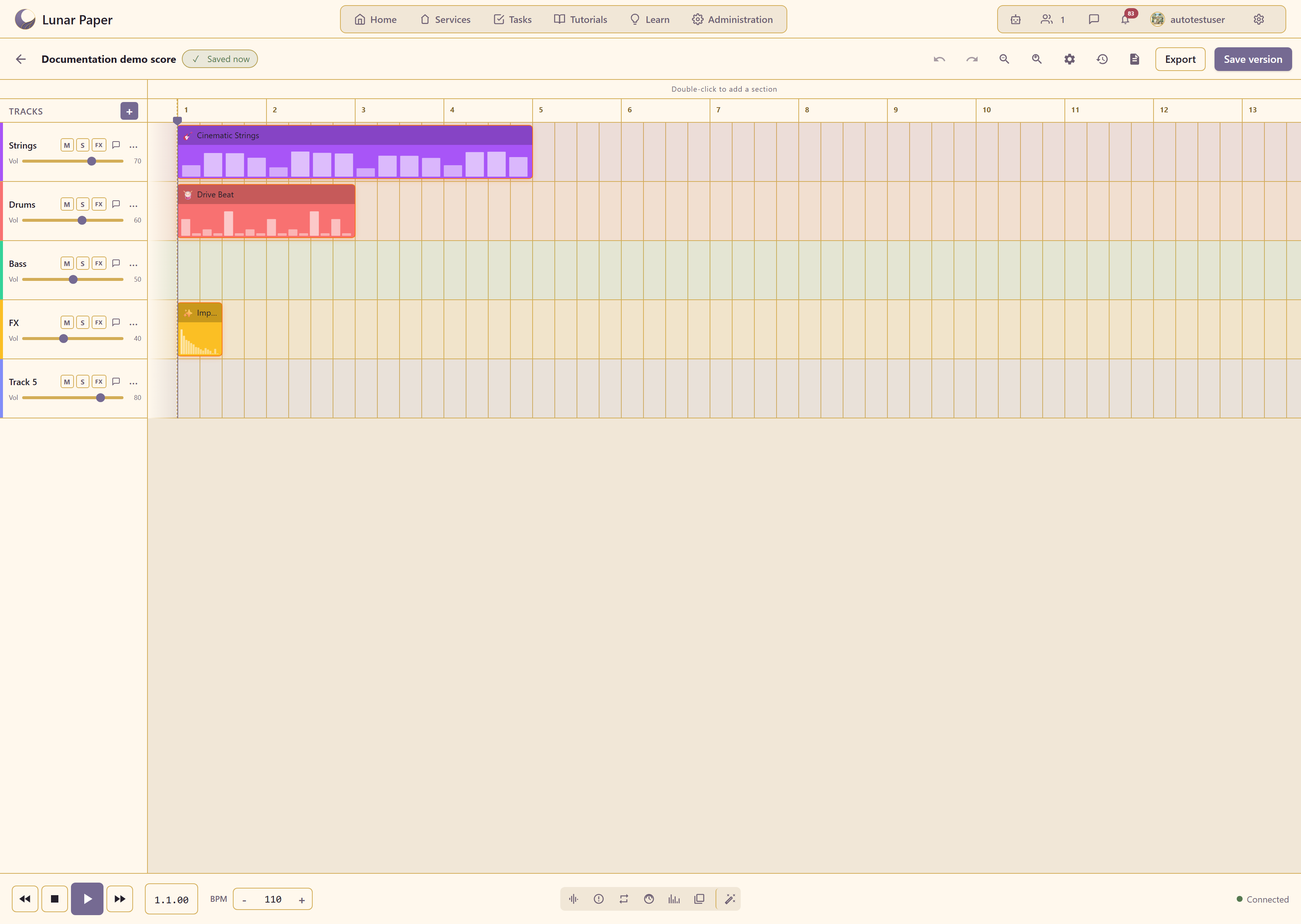 The Spatial panel showing the plan and elevation views, per-track positions, and motion keyframes