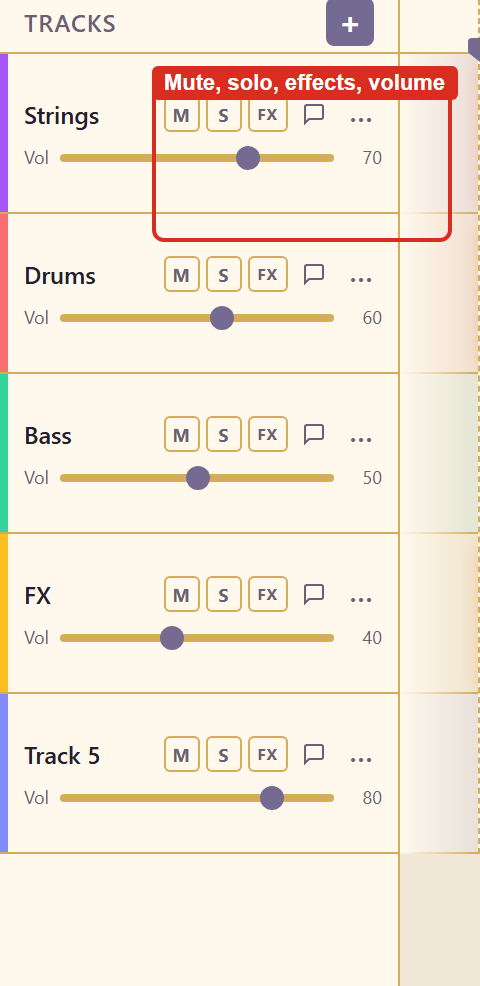 The tracks panel with per-track mute, solo, effects, and volume controls