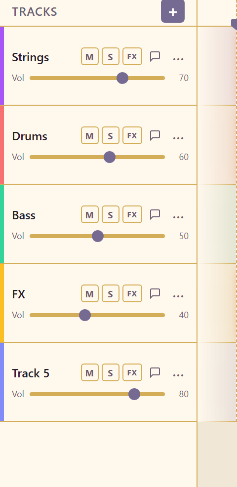 The tracks panel, one lane per instrument