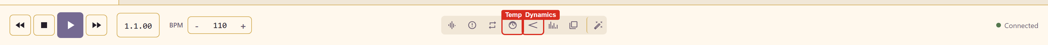 The transport bar with the Tempo and Dynamics toggles marked