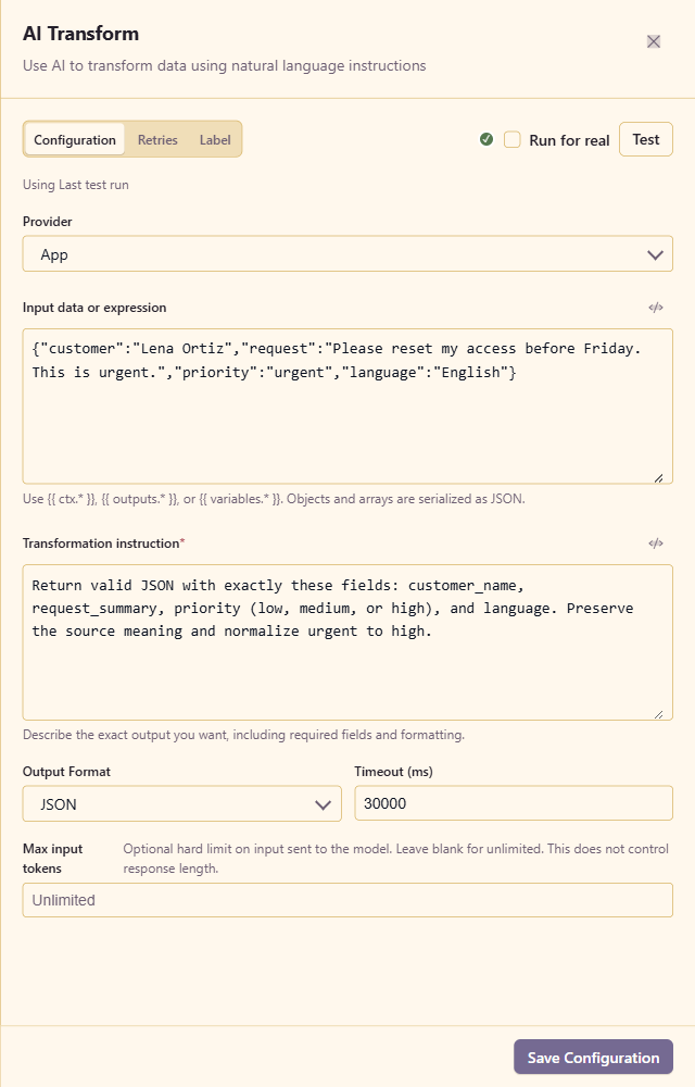 AI Transform configured to normalize an access-reset request into JSON