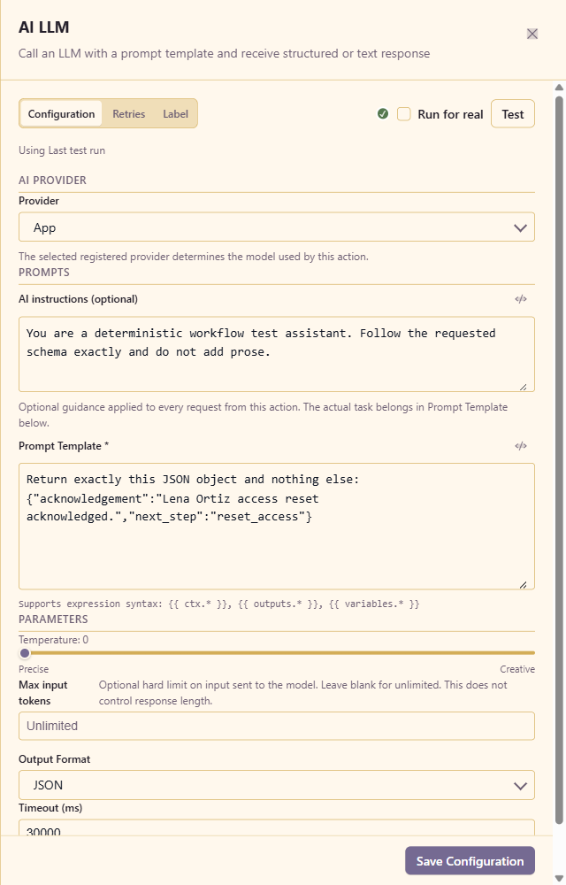 AI LLM configured for deterministic JSON output