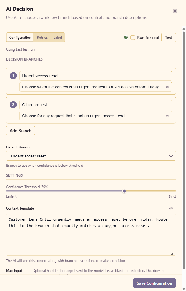 AI Decision configured with urgent and other request branches