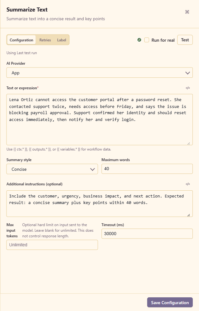 Summarize Text configured for a concise 40-word support-case summary