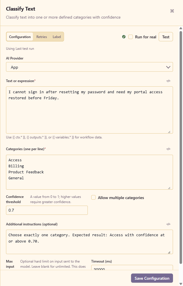 Classify Text configured with four support categories