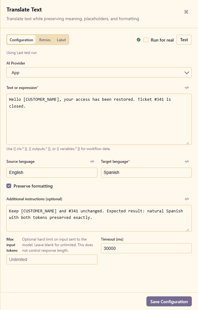 Translate Text configured from English to Spanish with formatting preserved