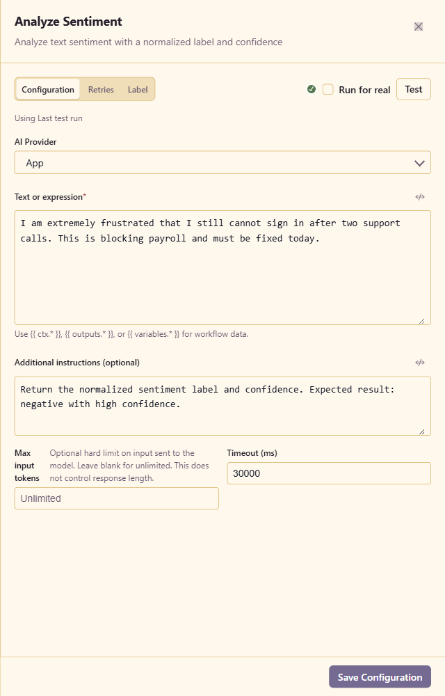 Analyze Sentiment configured for an urgent support message