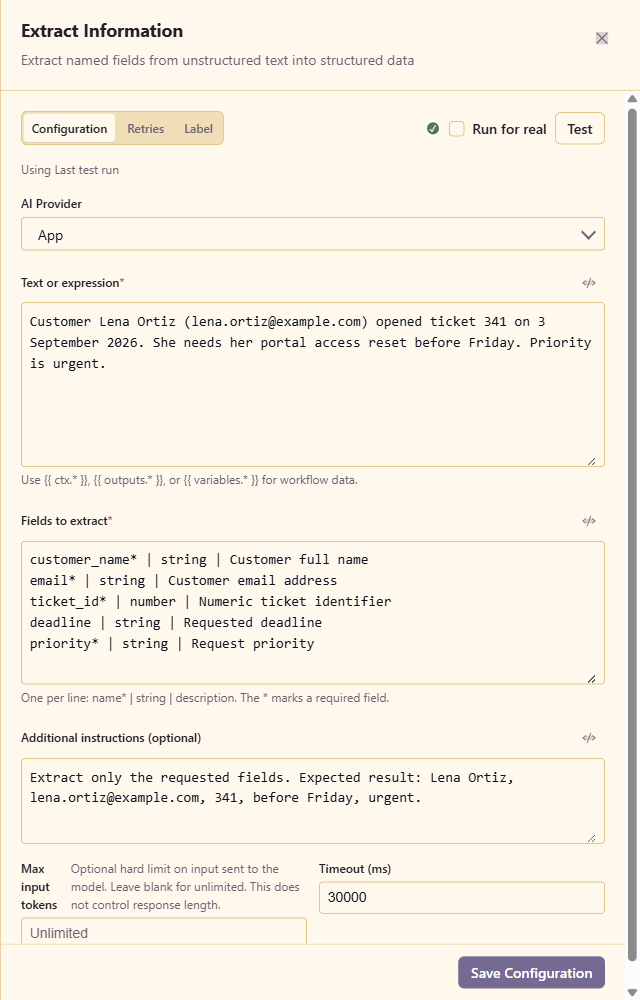 Extract Information configured with required support-ticket fields