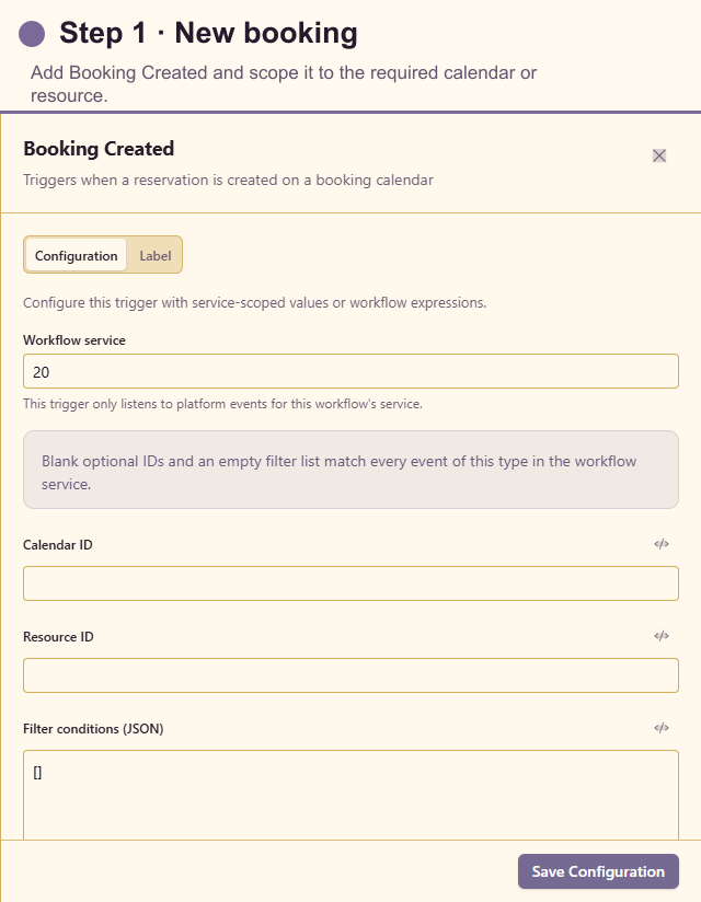 Booking Created trigger configuration for the reminder workflow