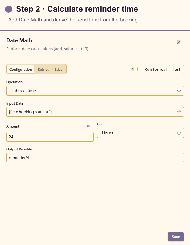 Date Math configuration for calculating the reminder time