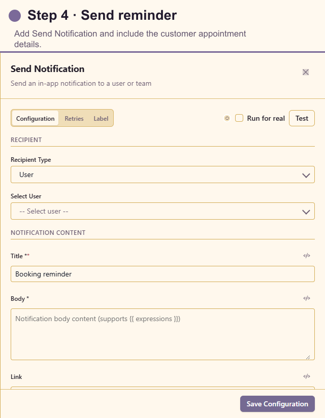 Send Notification configuration for the booking reminder