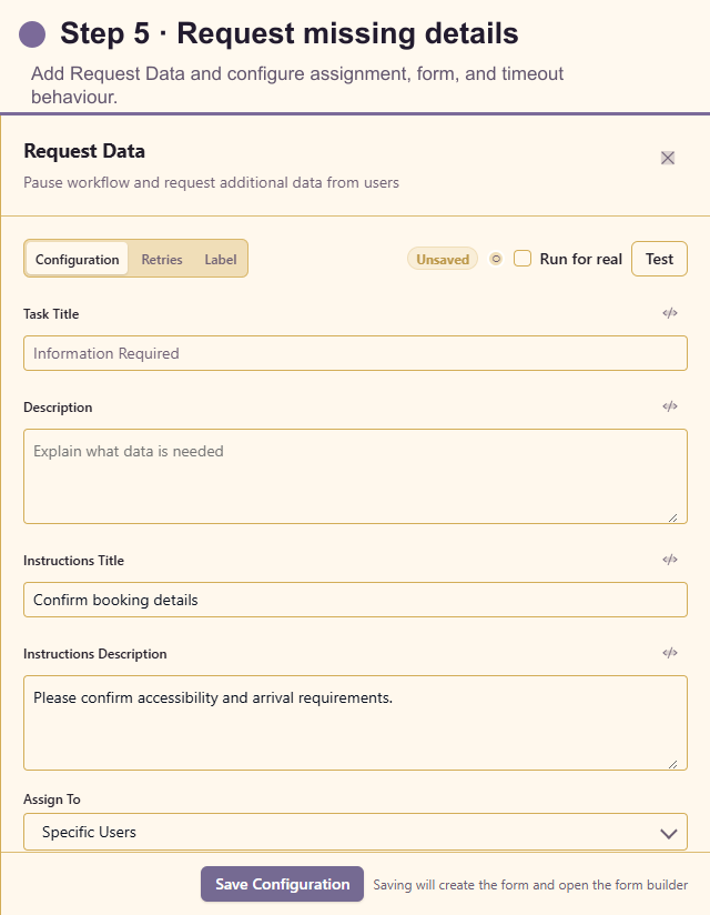 Request Data configuration for missing booking details