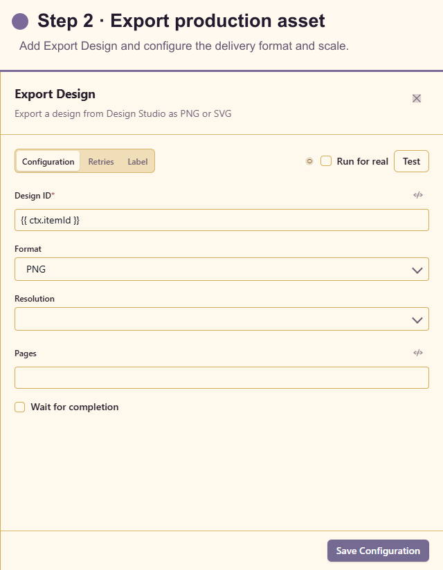 Export Design configuration for the production asset