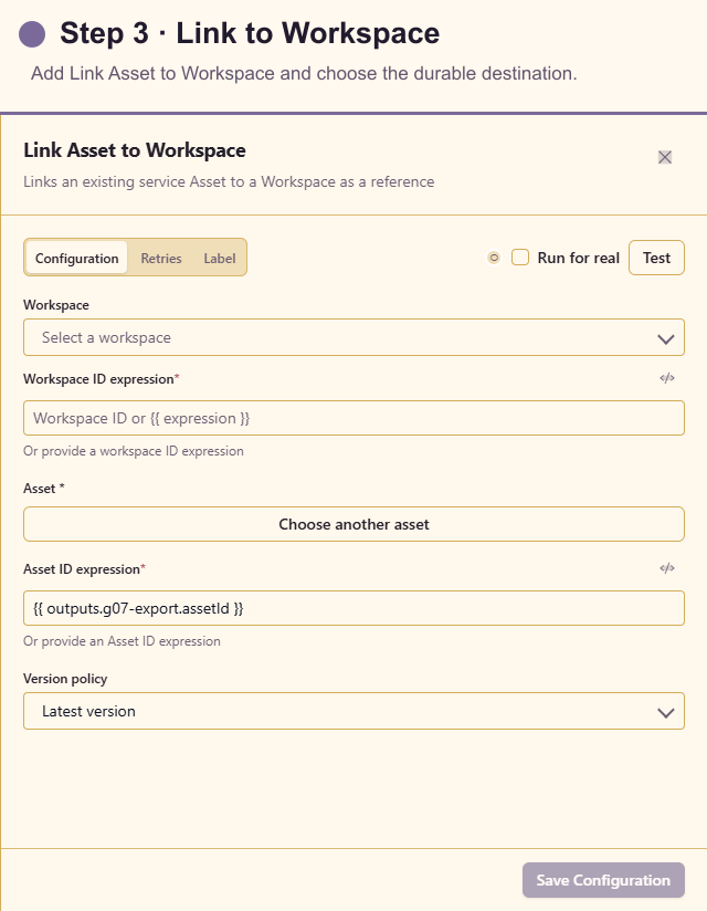 Link Asset to Workspace configuration for the durable handoff