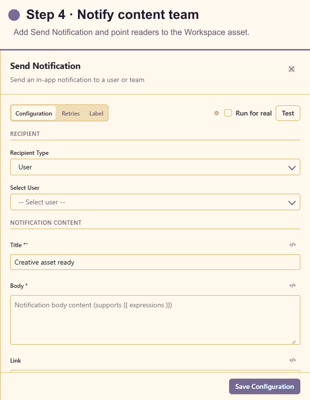 Send Notification configuration for content owners