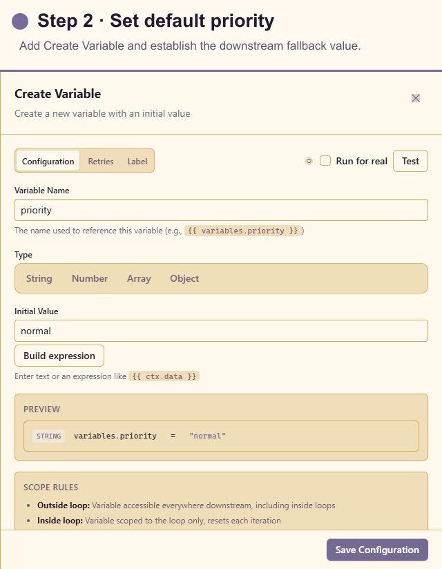 Create Variable configuration for the default priority