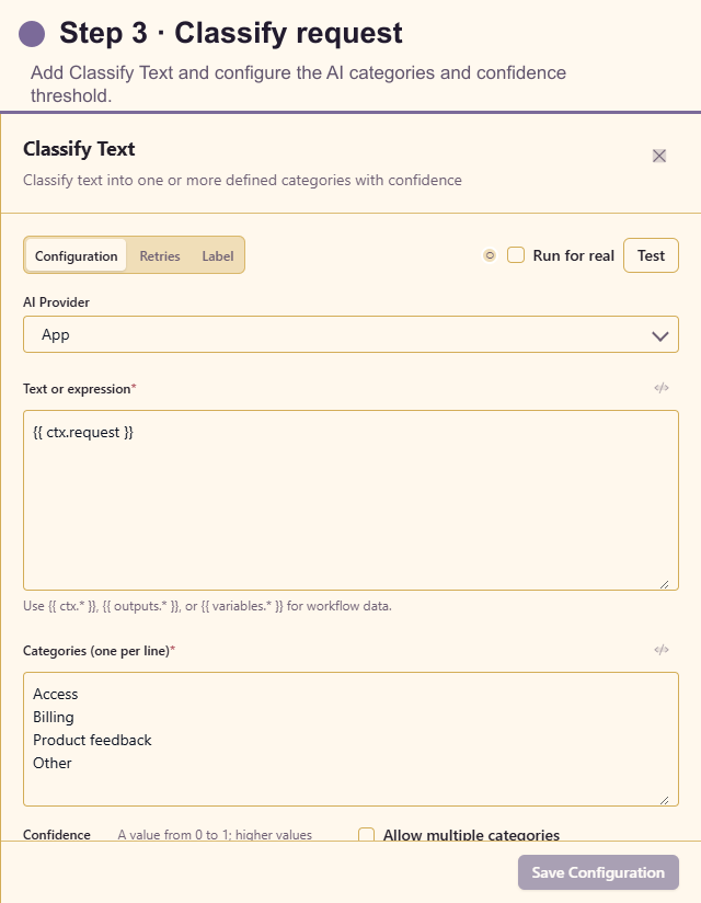 Classify Text configuration for customer request categories